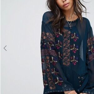 People "Embroidered Floral Sheer Lace Up Maxi Tunic Topper Medium